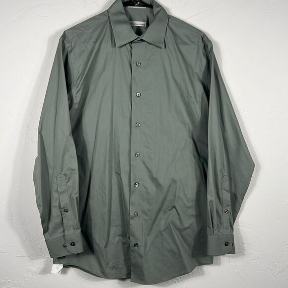 🔥 KENNETH COLE New York Cotton Gray Pinstriped LS Button Shirt Sz M - PERFECT - Picture 1 of 10